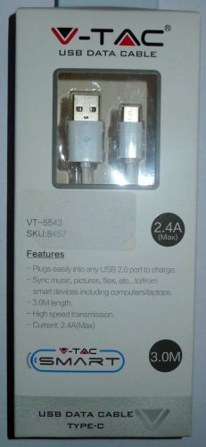 USB A naar USB C, 3 meter (wit) 2,4A VT-5543